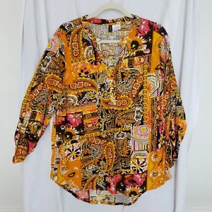 Damen Manhatt orange buntes Paisleymuster V-Ausschnitt Top Bluse Größe 1XL - Bild 1 von 13