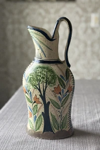 Vintage handbemalter Majolika Keramik Krug 9 Zoll Volkskunst Baum Blumenmuster - Bild 1 von 18
