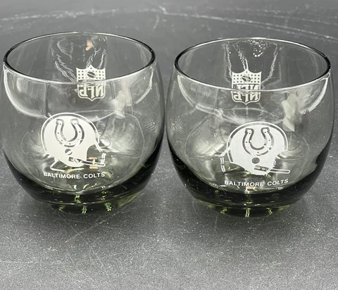 2 VTG 1970's NFL Baltimore Colts Etched Roly Poly  Low Ball Smokey Gray glass Cover