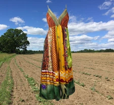 Womens Strapdress, Maxi Sundress,Yellow Recycled Silk Dress,Carribean Summer S/M
