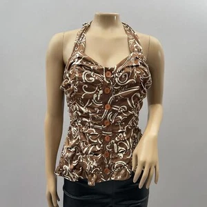 INC Vtg 90s Top Women 6 Brown Paisley Print 100% Silk Halter Ruched Y2K Button - Picture 1 of 12