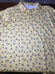 Caddy Cart Golf Polo Shirt Mens XL Yellow Macaw Palm Tree Print Stretch UPF 50 - Picture 1 of 8