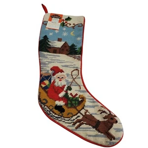 Vintage Wollteppich Weihnachtsstrumpf Weihnachtsmann Nadelspitze Hütte Rentier - Bild 1 von 5
