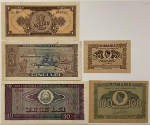 1 LEU 5-10-20-100 LEI 1945.1952.1966 REPUBBLICA SOCIALISTA ROMANIA 5 BANCONOTE - Picture 1 of 6