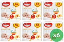 168 PANNOLINI NEW BORN HUGGIES EXTRA CARE 6 PACCHI DA 28 PZ NEONATO TG.1 (2-5Kg)