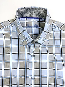 Tasso Elba Size Large 16-16.5 Men's Blue White Black Gray Check Cotton Shirt NWT - Picture 1 of 11