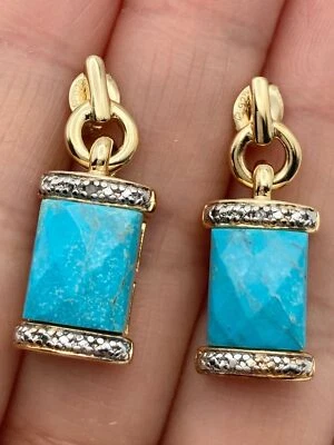 Ross Simons 925 sterling 14k gold vermeil blue turquoise diamond earrings - Image 1 of 4