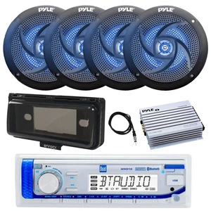 Marine AM/FM Receiver, Amplifier, 4x 6.5" LED Speakers, Cover (Black), Antenna - Picture 1 of 7