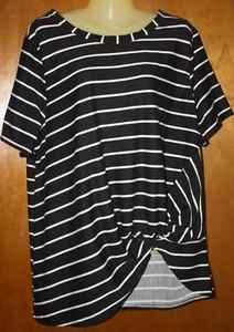 Paper Plane Striped Top Sz 1X Black/White Tie Front SS Knit women's Blouse - Picture 1 of 6