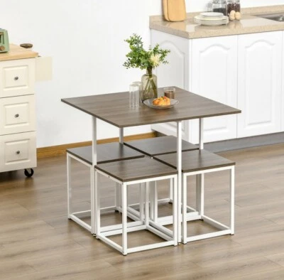 5 Piece Industrial Minimal Style Table And Stool Set- White/Brown - Image 1 of 4