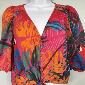 Joie Blouse women’s Tropical Multicolor Cropped parrot print 3/4 sleeve Small - Picture 1 of 9