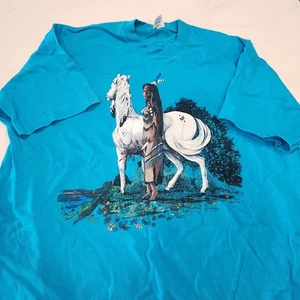 Vintage 90er T-Shirt Single Stitch Grafik Puff Print Indianerin Pferd Ragtops - Bild 1 von 12