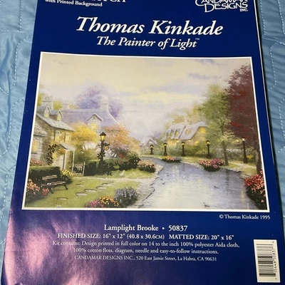 THOMAS KINKADE LAMPLIGHT BROOKE CROSS STITCH KIT #50837 16" x 12" open package   - Image 1 of 4