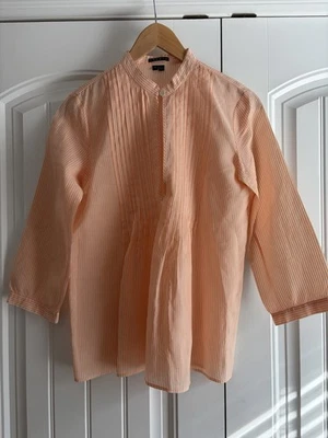 Blusa Lexus Theory Talla M Naranja Blanco Rayas Algodón Seda Transparente Ojo de Cerradura Profundo Foto 1 de 4