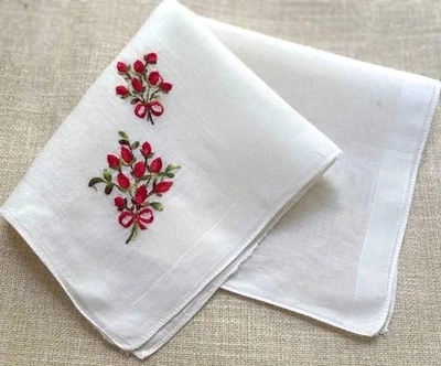 VINTAGE HANKY EMBROIDERED ROSE BUD BOUQUETS TIED WITH RED BOWS SWEET PERFECT - Image 1 of 3