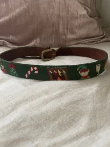 Smathers Branson Christmas Life Needlepoint Holiday Belt Leather Size 30 - Picture 1 of 9