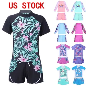 Mädchen Rash Guard Badeanzug Langarm T-Shirts Tops Boyshorts Badeanzüge - Bild 1 von 40