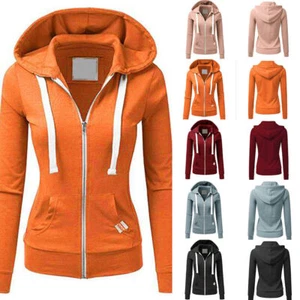 Womens Zip Up Hooded Hoodie Fleece Jacket Plain Casual Pullover Sweatshirt Tops - Picture 1 of 16