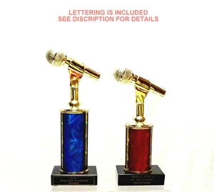 MICROPHONE TROPHY MUSIC BLACK MARBLE BASE SET OF TWO.. BLUE & RED - Picture 1 of 4