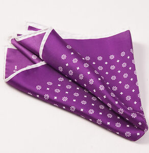 New $215 KITON NAPOLI Plum Purple-White Floral Medallion Silk Pocket Square