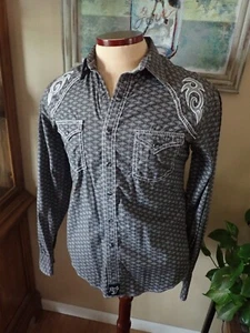 Rock 47 Pearl Diamond Snap Shirt Mens S Small Black Gray Western - Foto 1 di 5