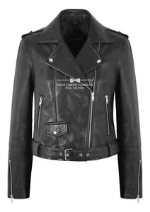 Chaqueta de cuero real para mujer Marlon Brando negra ajustada para motociclista estilo - Imagen 1 de 8