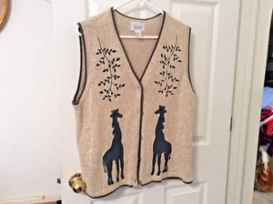 Christopher & Banks Cardigan Sweater Vest Giraffes Tan Green Womens Large - Picture 1 of 7