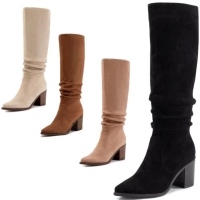 Botas de mujer hasta la rodilla de tacón grueso imitación gamuza punta cremallera lateral botas Foto 1 de 2