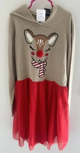 MAD ENGINE Deer Reindeer Holiday Christmas Sweater Dress 3D Girls Sz Large 10-12 - Picture 1 of 8