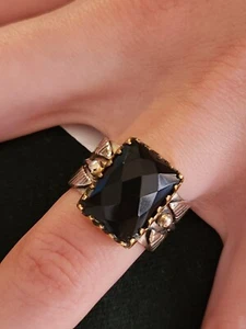 925 Sterling Silver & Brass Onyx Ring S 7 - Picture 1 of 8