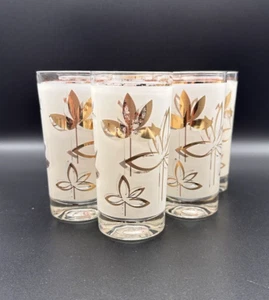 Vintage Seven 12 oz MCM Libbey Frosted Gold Leaf Highball Drinking Glasses 1950s - Picture 1 of 9