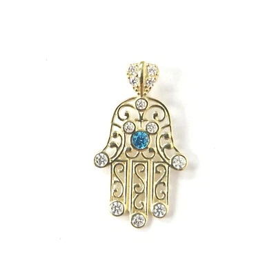 Colgante de mano Hamsa de oro de 9 quilates blanco azul circonita cúbica con sello Foto 1 de 4