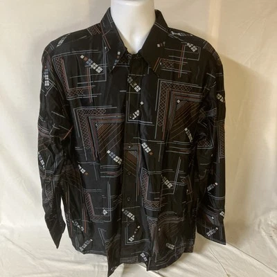 Винтажная мужская рубашка 70-х 80-х John Blair XL синяя с геометрическим узором диско прозрачная с длинным рукавом - Изображение 1 из 4