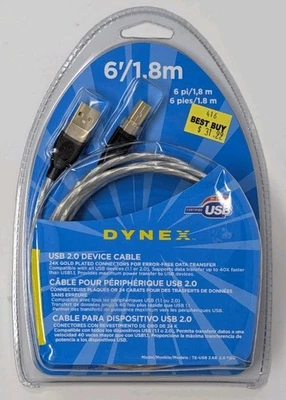 New Dynex USB 2.0 Device A Male to B Printer Cable w Gold Plated Connectors 6' - Image 1 of 2