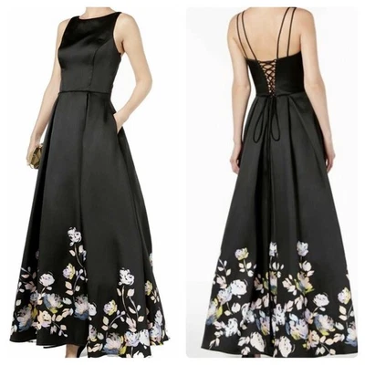 NUEVO Vestido largo floral satinado negro con cordones talla 4 Betsy & Adam para mujer A20330 Foto 1 de 4