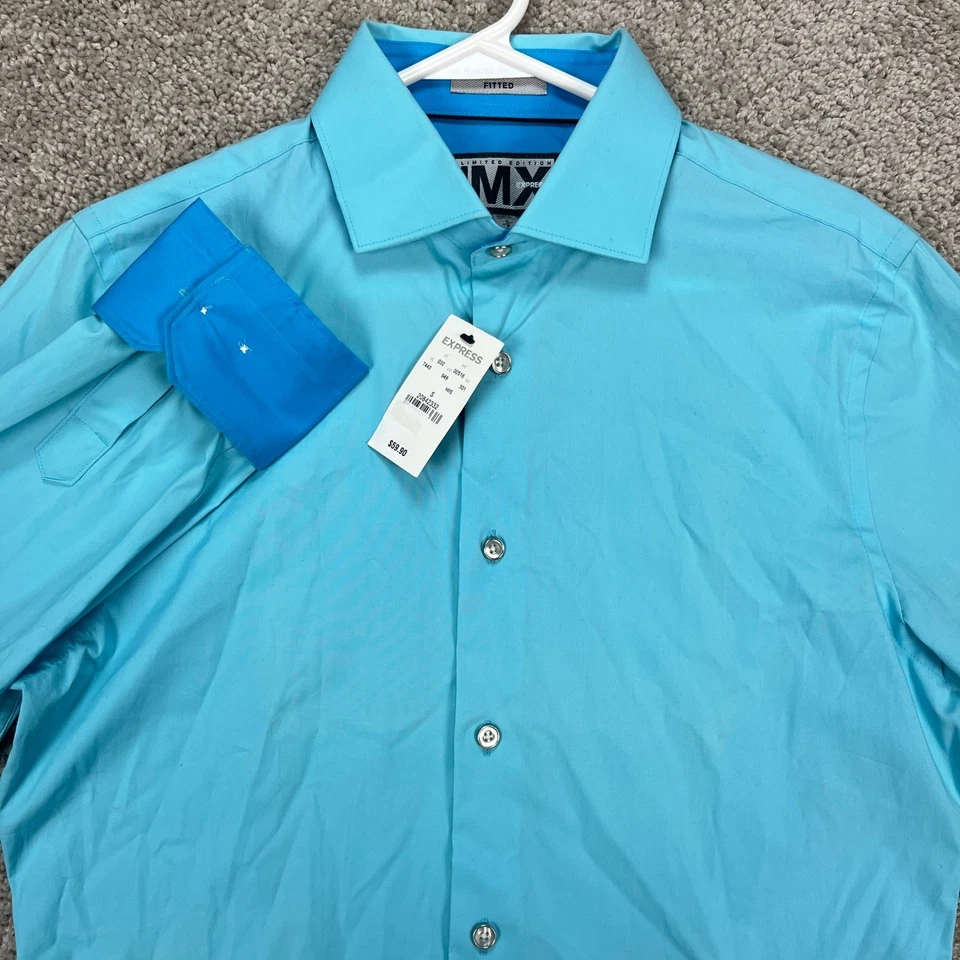 Camisa Express 1MX Ajustada Edición Limitada Azul Manga Larga Para Hombre Pequeña Puño Abatible Foto 1 de 4