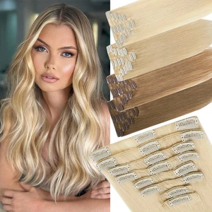 Clip In Real Remy Russian Human Hair Extensions 8 Pieces 18 Clips Weft Full Head - Picture 1 of 51