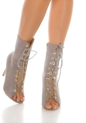 Sexy Peeptoe Stiefelette Schnürung Highheel Damen Schuh Mit Absatz Grau - Bild 1 von 2