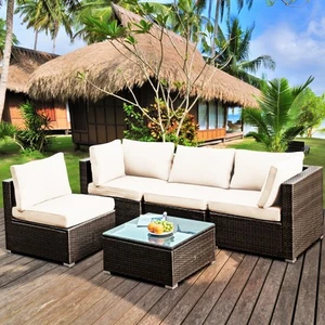 5PCS Rattan Patio Conversation Set Sofa Furniture Set w/ White Cushions - Picture 1 of 10