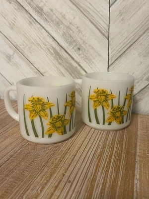 Vintage Federal Milk Glass Mug Daffodil Floral Pattern Coffee Cup (set of 2) - Image 1 of 4
