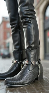 Men Boot Straps Silver Chain Pair Black Faux Leather Pirate Skull Charms Rocker - Picture 1 of 24