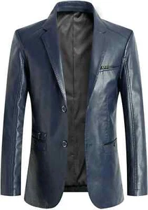 Leather Blazer for Men - Navy Blue Real Lambskin Casual Men's Leather Jacket - Picture 1 of 3
