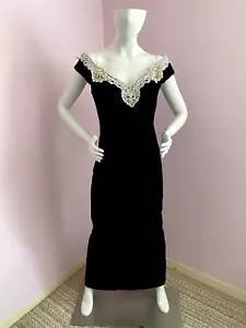 Vintage 80s Black Velvet Lace Gown StraplessOff-Shoulder Zum Zum Black White - Picture 1 of 16