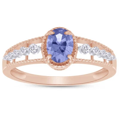 Anel solitário com detalhes simulado tanzanita folheado a ouro rosa 14K prata 925 - Imagem 1 de 4
