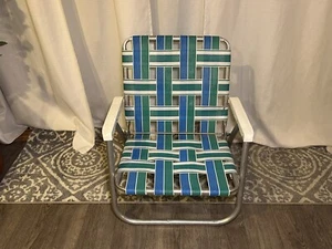 Vintage Sunbeam Aluminum Low ProFolding Nylon Lawn Chair Beach Blue Green Stripe - Picture 1 of 10