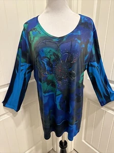 Shades of Blues and Greens Cactus Tunic Swing Top SZ XL Flower with Bling - Picture 1 of 16