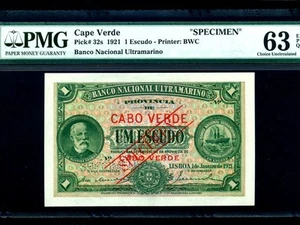 Portuguese Cape Verde:P-32s,1 Escudo 1921 * Specimen * PMG CH. UNC 63 EPQ * - Picture 1 of 2