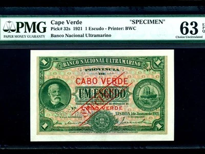 Portuguese Cape Verde:P-32s,1 Escudo 1921 * Specimen * PMG CH. UNC 63 EPQ * - Image 1 of 2