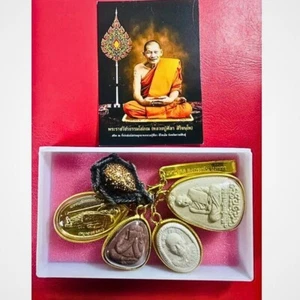 SET OF 5 LP MAHA SILA THAI HOLY AMULET PENDANT GOLD CASE MICRON LUANGPU MAHASILA - Picture 1 of 7