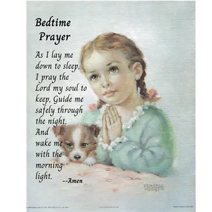 Vintage 8 x 10 Wall Art Print Precious Little Girl Praying with Dog Going to Bed - Picture 1 of 4